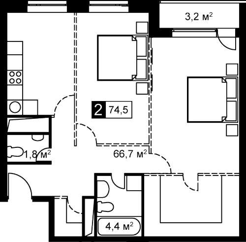 Двухкомнатная квартира 74.5 м²